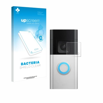 Vorderseite einer Produktverpackung mit dem Markenlogo upscreen. Daneben ist das Gerät Ring Battery Video Doorbell Pro mit dem