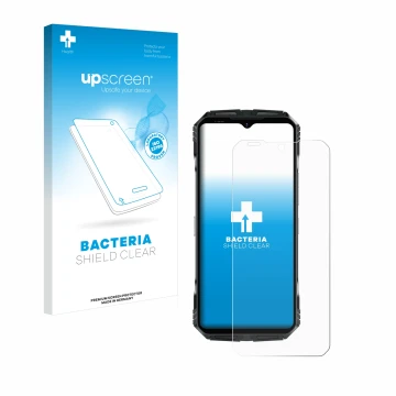 Vorderseite einer Produktverpackung mit dem Markenlogo upscreen. Daneben ist das Gerät Doogee S118 mit dem zugehörigen Display