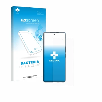Vorderseite einer Produktverpackung mit dem Markenlogo upscreen. Daneben ist das Gerät HTC U24 Pro mit dem zugehörigen Display