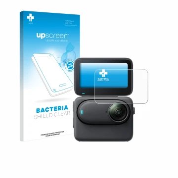 Vorderseite einer Produktverpackung mit dem Markenlogo upscreen. Daneben ist das Gerät Insta360 Go 3S mit dem zugehörigen Disp