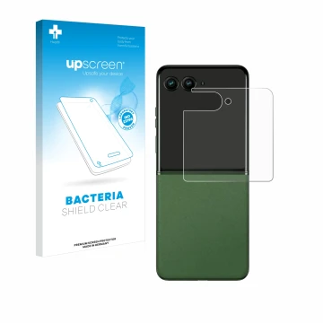 Vorderseite einer Produktverpackung mit dem Markenlogo upscreen. Daneben ist das Gerät Motorola Razr 50 (Hinteres Display) mit