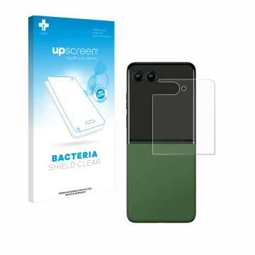 Vorderseite einer Produktverpackung mit dem Markenlogo upscreen. Daneben ist das Gerät Motorola Razr 50 Ultra (Hinteres Displa