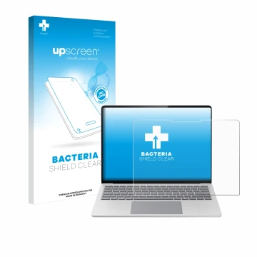 Vorderseite einer Produktverpackung mit dem Markenlogo upscreen. Daneben ist das Gerät Microsoft Surface Laptop 7 15