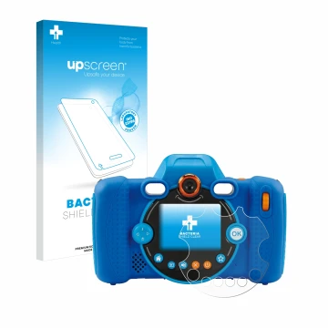 Vorderseite einer Produktverpackung mit dem Markenlogo upscreen. Daneben ist das Gerät Vtech Kidizoom Duo FX mit dem zugehörig