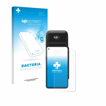 Vorderseite einer Produktverpackung mit dem Markenlogo upscreen. Daneben ist das Gerät Verifone T650c mit dem zugehörigen Disp