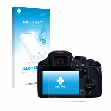 Vorderseite einer Produktverpackung mit dem Markenlogo upscreen. Daneben ist das Gerät Panasonic Lumix DC-FZ82D mit dem zugehö