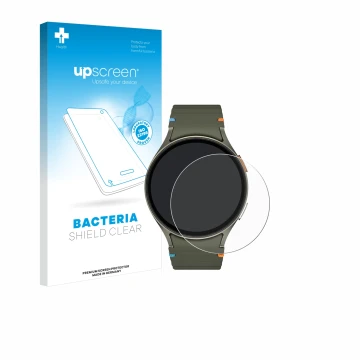 Vorderseite einer Produktverpackung mit dem Markenlogo upscreen. Daneben ist das Gerät Samsung Galaxy Watch 7 (44 mm) mit dem 