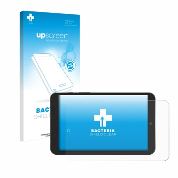 Vorderseite einer Produktverpackung mit dem Markenlogo upscreen. Daneben ist das Gerät Mediacom SmartPad Iyo 8 mit dem zugehör