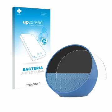 Vorderseite einer Produktverpackung mit dem Markenlogo upscreen. Daneben ist das Gerät Amazon Echo Spot 2024 mit dem zugehörig