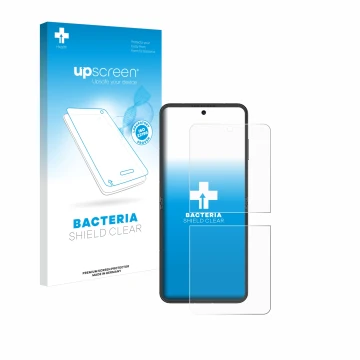 Vorderseite einer Produktverpackung mit dem Markenlogo upscreen. Daneben ist das Gerät Nubia Flip 5G mit dem zugehörigen Displ