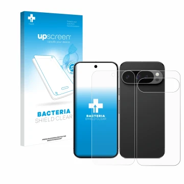 Vorderseite einer Produktverpackung mit dem Markenlogo upscreen. Daneben ist das Gerät Google Pixel 9 Pro (Display+Rückseite) 