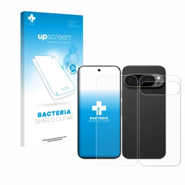 Vorderseite einer Produktverpackung mit dem Markenlogo upscreen. Daneben ist das Gerät Google Pixel 9 Pro XL (Display+Rückseit