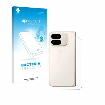 Vorderseite einer Produktverpackung mit dem Markenlogo upscreen. Daneben ist das Gerät Google Pixel 9 Pro Fold (Rückseite) mit