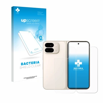 Vorderseite einer Produktverpackung mit dem Markenlogo upscreen. Daneben ist das Gerät Google Pixel 9 Pro Fold (Display+Rückse