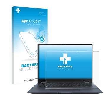 Vorderseite einer Produktverpackung mit dem Markenlogo upscreen. Daneben ist das Gerät ASUS Vivobook S 14 Flip TN3402 mit dem 