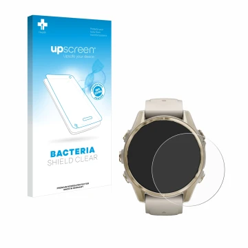 Vorderseite einer Produktverpackung mit dem Markenlogo upscreen. Daneben ist das Gerät Garmin Fenix 8 (43 mm) mit dem zugehöri