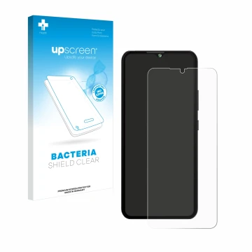 Vorderseite einer Produktverpackung mit dem Markenlogo upscreen. Daneben ist das Gerät Cubot A10 mit dem zugehörigen Displaysc