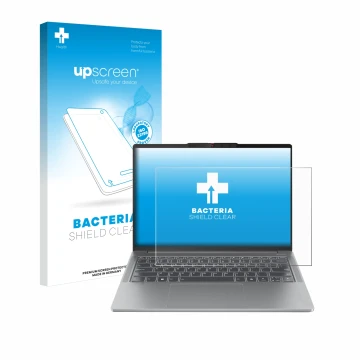 Vorderseite einer Produktverpackung mit dem Markenlogo upscreen. Daneben ist das Gerät Lenovo IdeaPad Pro 5 14AHP9 mit dem zug