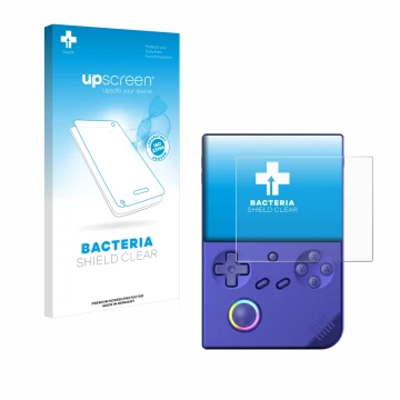 Vorderseite einer Produktverpackung mit dem Markenlogo upscreen. Daneben ist das Gerät Anbernic RG40XXV mit dem zugehörigen Di
