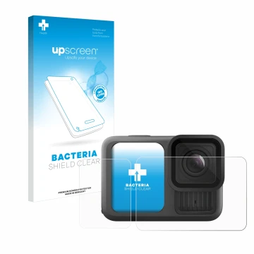 Vorderseite einer Produktverpackung mit dem Markenlogo upscreen. Daneben ist das Gerät GoPro Hero 13 Black mit dem zugehörigen