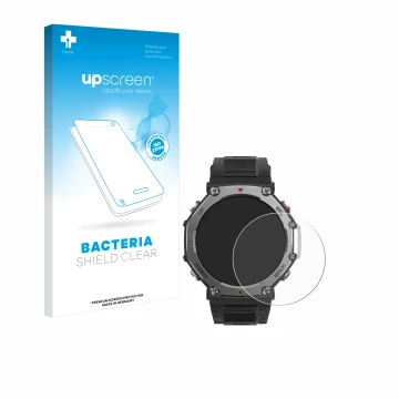 Vorderseite einer Produktverpackung mit dem Markenlogo upscreen. Daneben ist das Gerät Huami Amazfit T-Rex 3 mit dem zugehörig