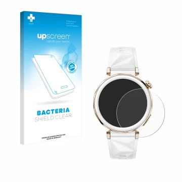 Vorderseite einer Produktverpackung mit dem Markenlogo upscreen. Daneben ist das Gerät Huawei Watch GT 5 Pro (42 mm) mit dem z