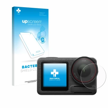 Vorderseite einer Produktverpackung mit dem Markenlogo upscreen. Daneben ist das Gerät DJI Osmo Action 5 Pro (Linse) mit dem z