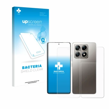 Vorderseite einer Produktverpackung mit dem Markenlogo upscreen. Daneben ist das Gerät Xiaomi 14T (Display+Rückseite) mit dem 