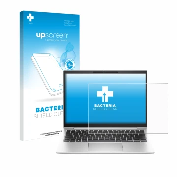 Vorderseite einer Produktverpackung mit dem Markenlogo upscreen. Daneben ist das Gerät HP EliteBook 830 G11 mit dem zugehörige