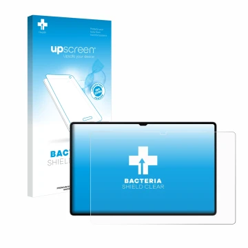 Vorderseite einer Produktverpackung mit dem Markenlogo upscreen. Daneben ist das Gerät Samsung Galaxy Tab S10 Ultra WiFi mit d