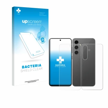 Vorderseite einer Produktverpackung mit dem Markenlogo upscreen. Daneben ist das Gerät Samsung Galaxy S24 FE (Display+Rückseit