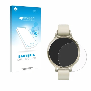Vorderseite einer Produktverpackung mit dem Markenlogo upscreen. Daneben ist das Gerät Garmin Lily 2 Active mit dem zugehörige