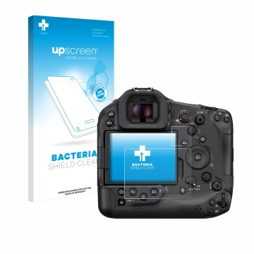 Vorderseite einer Produktverpackung mit dem Markenlogo upscreen. Daneben ist das Gerät Canon EOS R1 mit dem zugehörigen Displa