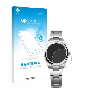 Vorderseite einer Produktverpackung mit dem Markenlogo upscreen. Daneben ist das Gerät Rolex Oyster Perpetual 31 mit dem zugeh