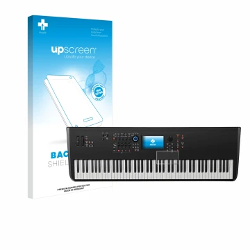 Vorderseite einer Produktverpackung mit dem Markenlogo upscreen. Daneben ist das Gerät Yamaha MODX8+ mit dem zugehörigen Displ
