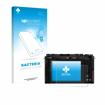 Vorderseite einer Produktverpackung mit dem Markenlogo upscreen. Daneben ist das Gerät Fujifilm X-M5 mit dem zugehörigen Displ