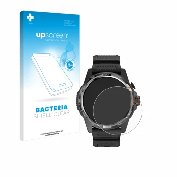 Vorderseite einer Produktverpackung mit dem Markenlogo upscreen. Daneben ist das Gerät Mobvoi Ticwatch Atlas mit dem zugehörig
