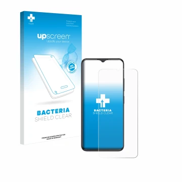 Vorderseite einer Produktverpackung mit dem Markenlogo upscreen. Daneben ist das Gerät ZTE Blade A34 mit dem zugehörigen Displ