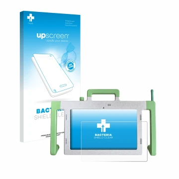 Vorderseite einer Produktverpackung mit dem Markenlogo upscreen. Daneben ist das Gerät Telemarie Tablet 10.1