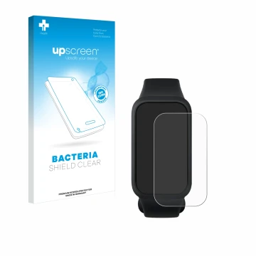 Vorderseite einer Produktverpackung mit dem Markenlogo upscreen. Daneben ist das Gerät Xiaomi Smart Band 9 Active mit dem zuge