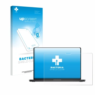 Vorderseite einer Produktverpackung mit dem Markenlogo upscreen. Daneben ist das Gerät Apple MacBook Pro 16