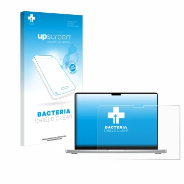 Vorderseite einer Produktverpackung mit dem Markenlogo upscreen. Daneben ist das Gerät Apple MacBook Pro 14