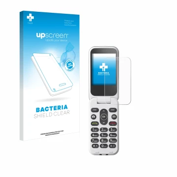 Vorderseite einer Produktverpackung mit dem Markenlogo upscreen. Daneben ist das Gerät Doro 2820 mit dem zugehörigen Displaysc