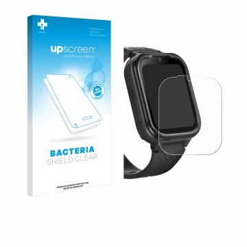 Vorderseite einer Produktverpackung mit dem Markenlogo upscreen. Daneben ist das Gerät RAYOFI Kids Smartwatch mit dem zugehöri