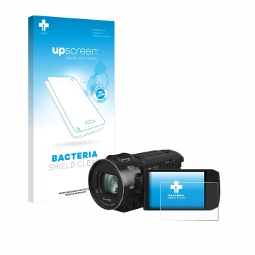 Vorderseite einer Produktverpackung mit dem Markenlogo upscreen. Daneben ist das Gerät Panasonic HC-VX3 mit dem zugehörigen Di