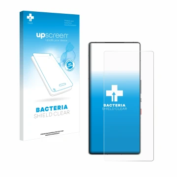 Vorderseite einer Produktverpackung mit dem Markenlogo upscreen. Daneben ist das Gerät ZTE Nubia Red Magic 10 Pro+ mit dem zug