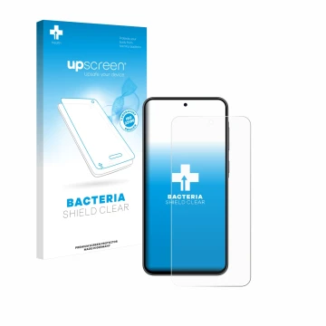 Vorderseite einer Produktverpackung mit dem Markenlogo upscreen. Daneben ist das Gerät Samsung Galaxy A36 5G mit dem zugehörig