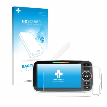 Vorderseite einer Produktverpackung mit dem Markenlogo upscreen. Daneben ist das Gerät Yuede Babyphone Monitor 5