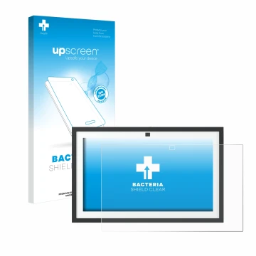 Vorderseite einer Produktverpackung mit dem Markenlogo upscreen. Daneben ist das Gerät Amazon Echo Show 15 2024 mit dem zugehö