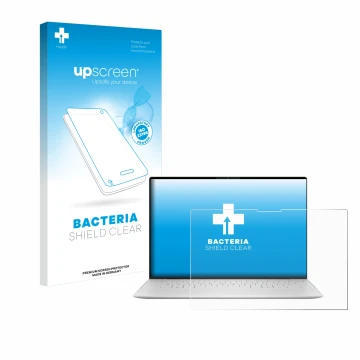 Vorderseite einer Produktverpackung mit dem Markenlogo upscreen. Daneben ist das Gerät Dell XPS 13 9340 2024 mit dem zugehörig